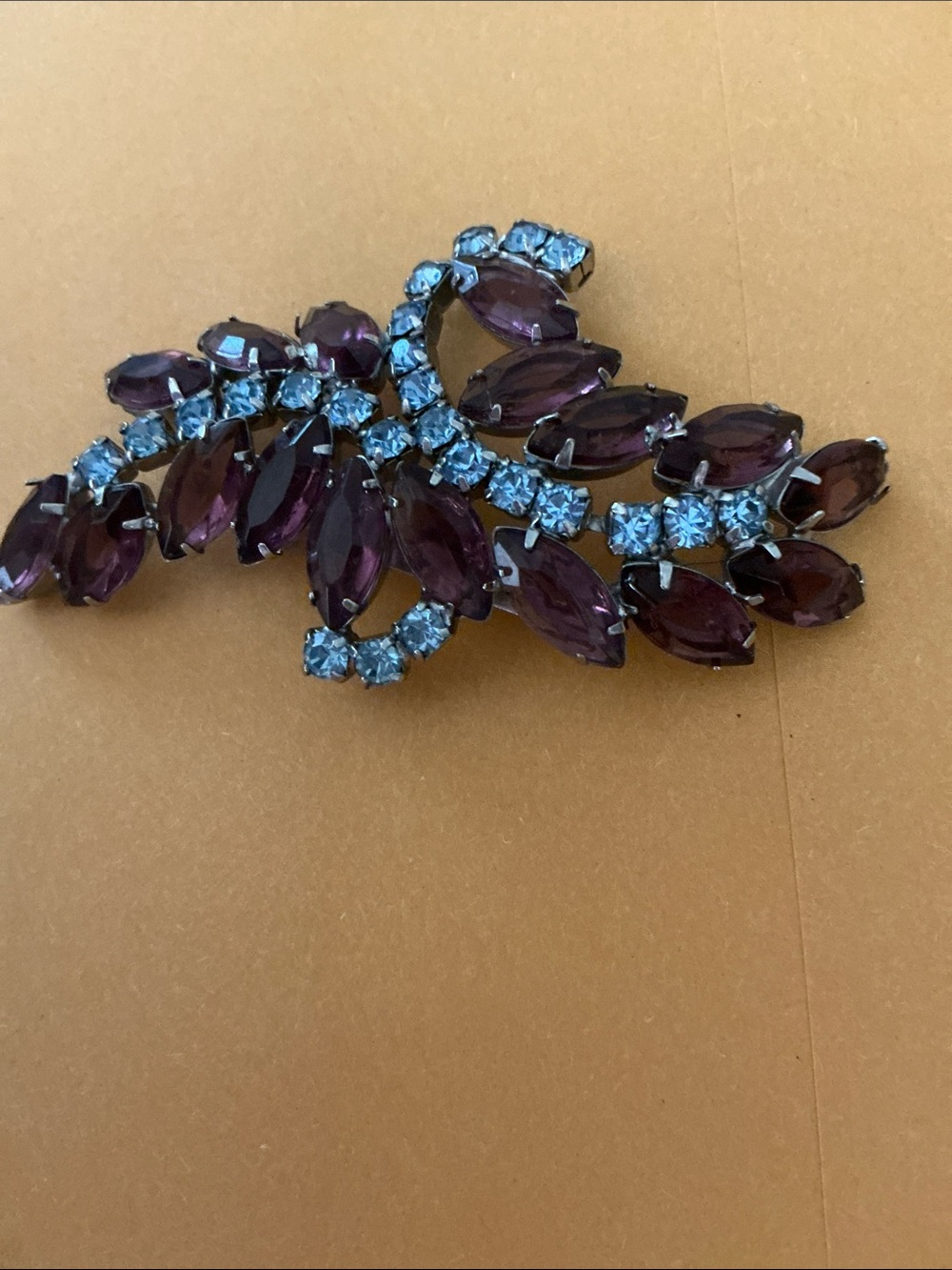 Vintage silver Tone purple  and blue Marquise-cut Rhinestone Brooch -